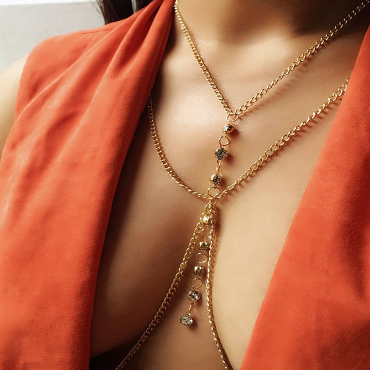 Body Jewelry Harness - Corrente de peito de cristal redonda